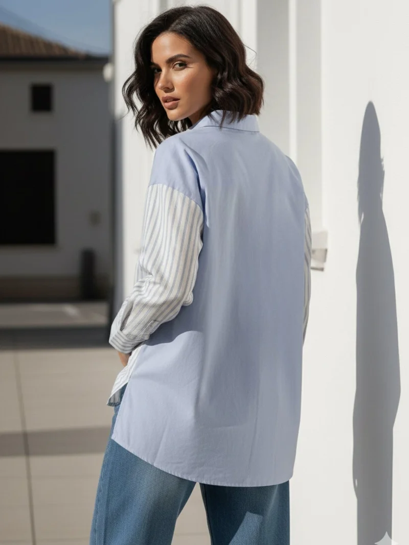 Outzidr  Stripe And Solid Oversized Shirt for Women | Best Price UAE